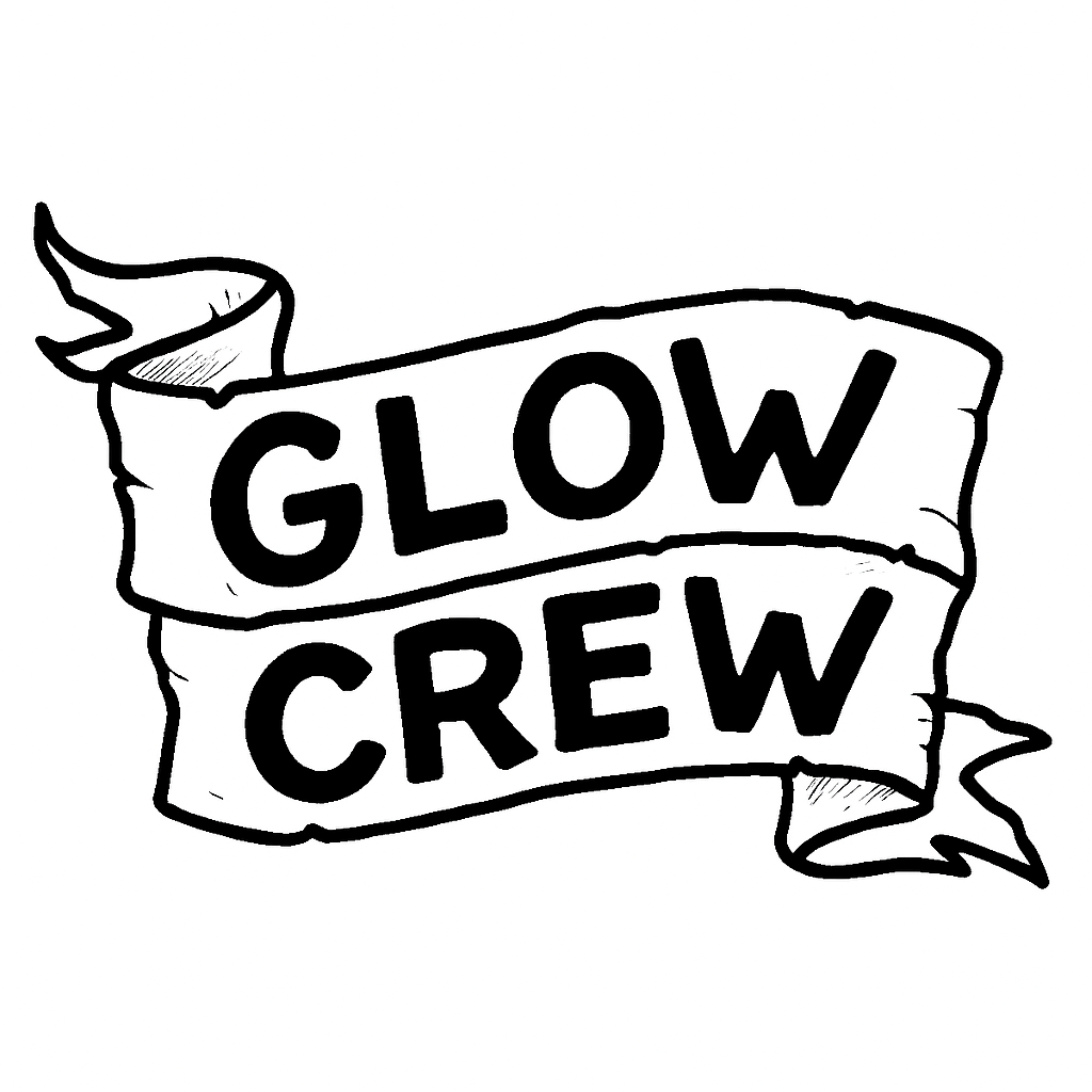 "Glow Crew logo featuring bold black letters on a punk-style ribbon scroll — kids neon punk fashion brand from Punks Live Forever (PLF)."