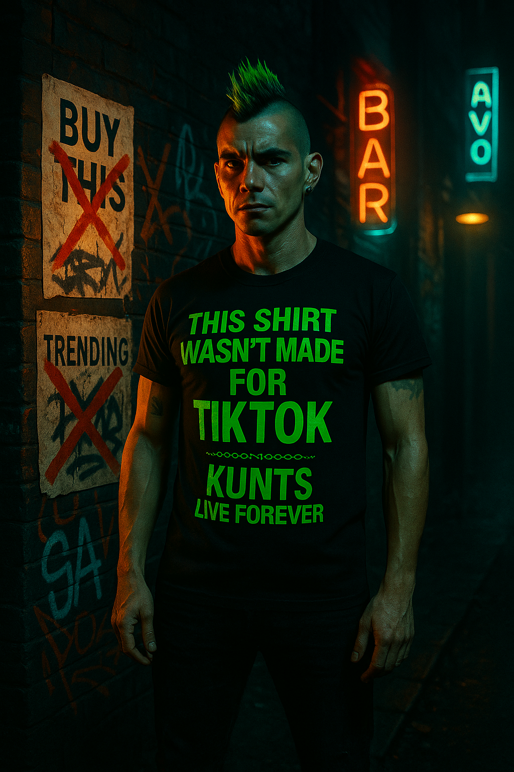 Punk rocker with a neon green mohawk and black KLF shirt stands against a dark brick wall covered in graffiti, flipping off the camera with a defiant glare — text on shirt reads “NOT FOR TRENDS, NOT FOR TIKTOK.”