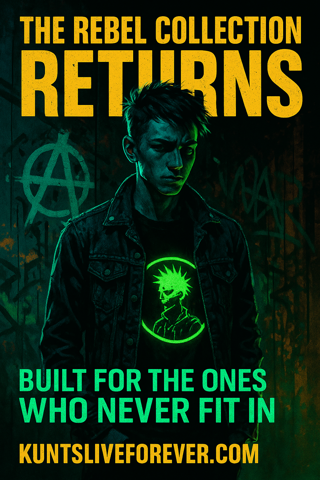 A young punk with spiked hair and a serious expression stands against a graffiti-covered urban wall with a large anarchy symbol. Bold yellow and green text reads: “The Rebel Collection Returns"