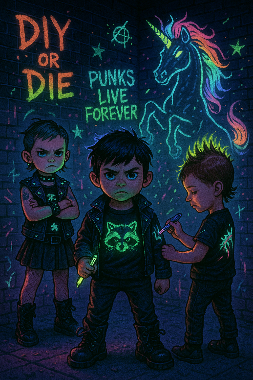 Neon punk art of three rebellious kids in glow-in-the-dark streetwear, tagging graffiti in an alley with UV pens. Phrases like “Punks Live Forever” and a glowing unicorn amplify the DIY punk vibe. Perfect for alt kids fashion and rebel family branding.