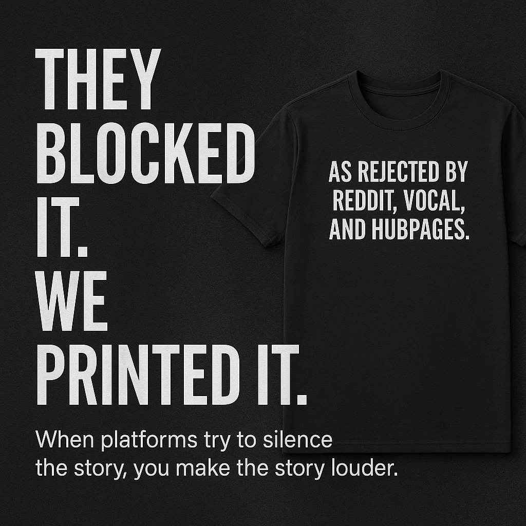 A bold digital graphic with distressed stencil text reading “As Rejected by Reddit, Vocal, and HubPages” in black and white. The background features glitch textures and static noise, evoking punk resistance and underground media aesthetics.