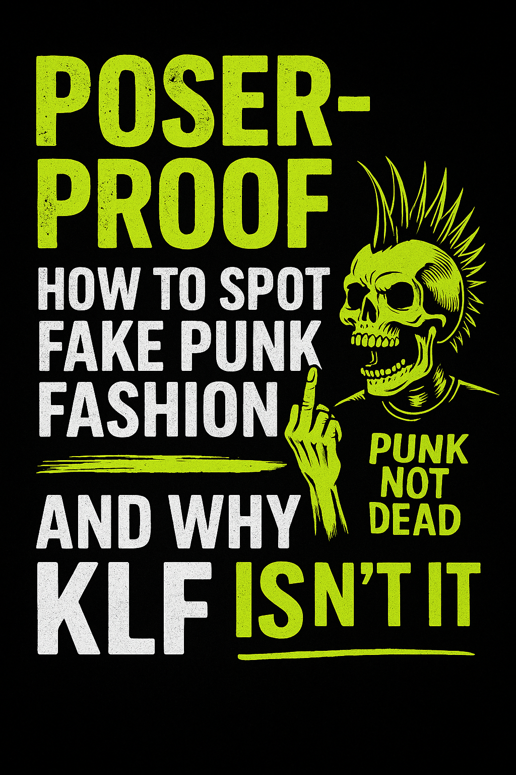 Neon yellow-green and white graphic with bold text reading “POSER-PROOF” above a punk skull and crossed safety pins, set against a torn paper background with the subtext “How to Spot Fake Punk Fashion — And Why KLF Isn’t It.”