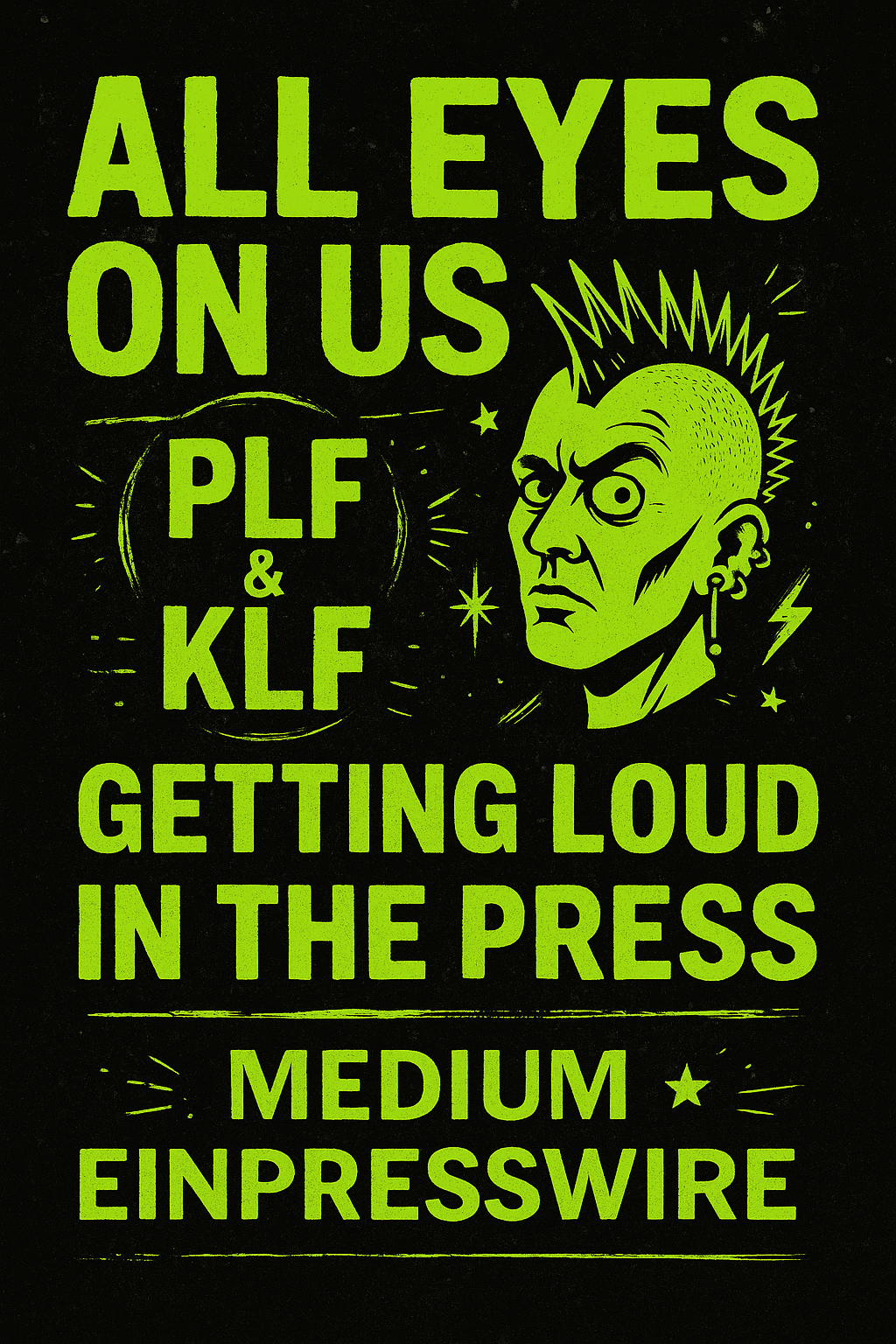 A bold digital graphic with neon green and pink text reading “PLF x KLF — As Seen on Medium & EINPresswire,” featuring microphone icons, press clippings, and punk-style elements like safety pins and spray paint textures.