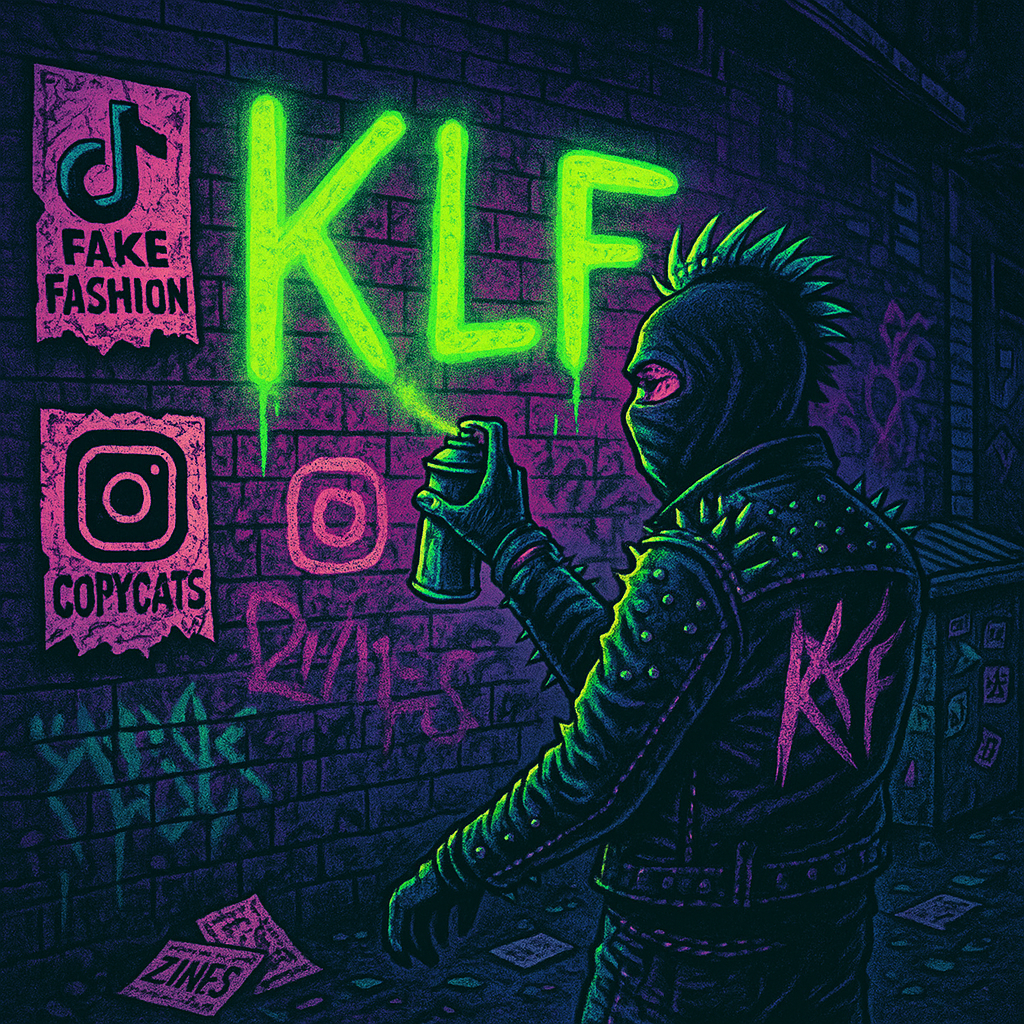 Masked punk spray-paints neon “KLF” on alley wall with posters reading “FAKE FASHION” and “COPYCATS” beside scattered zines.