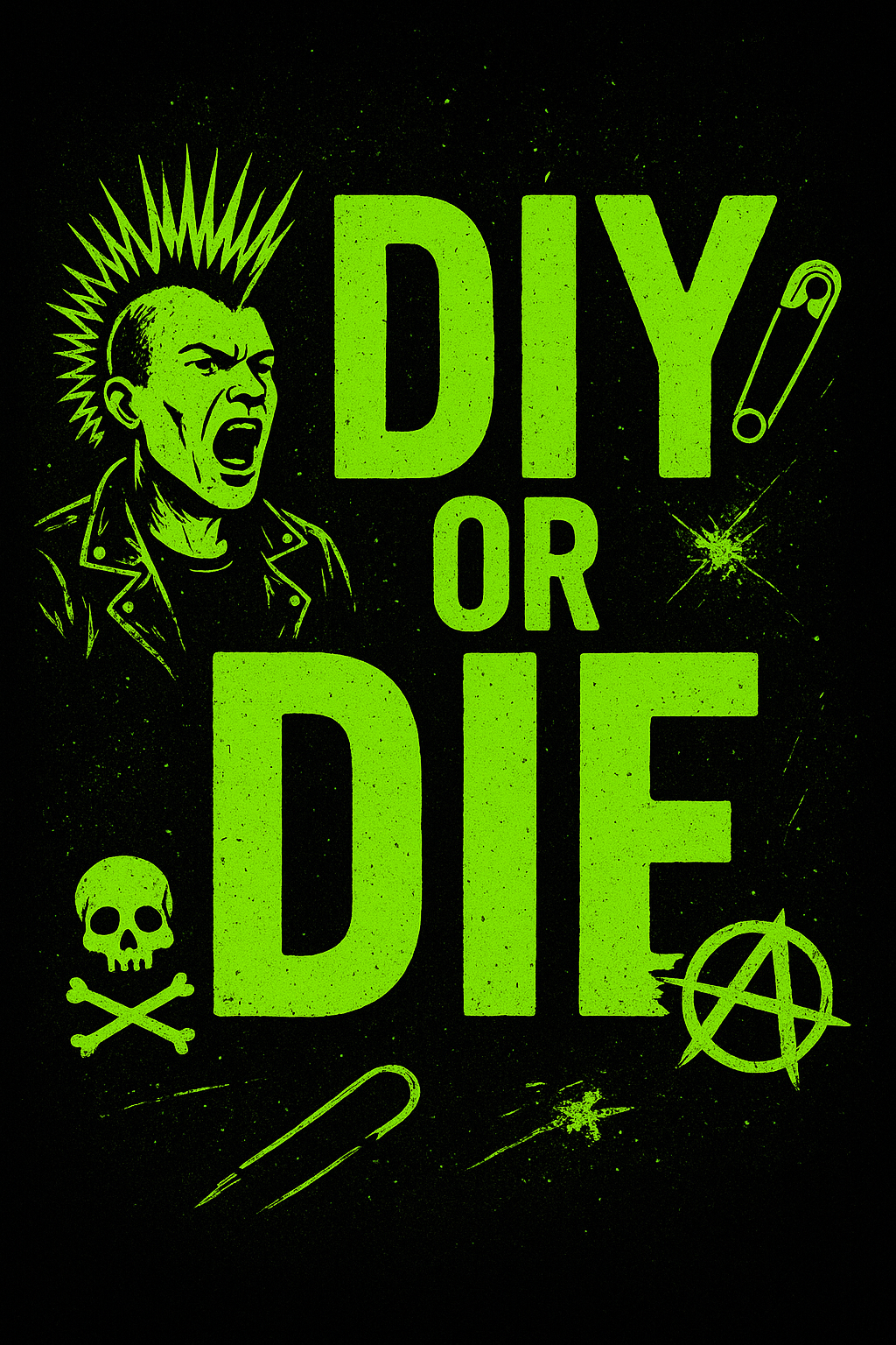 A bold neon green-on-black punk rock poster featuring hand-drawn safety pins, chaotic brush strokes, and the phrase “DIY OR DIE” in distressed lettering, capturing the raw spirit of underground rebellion.
