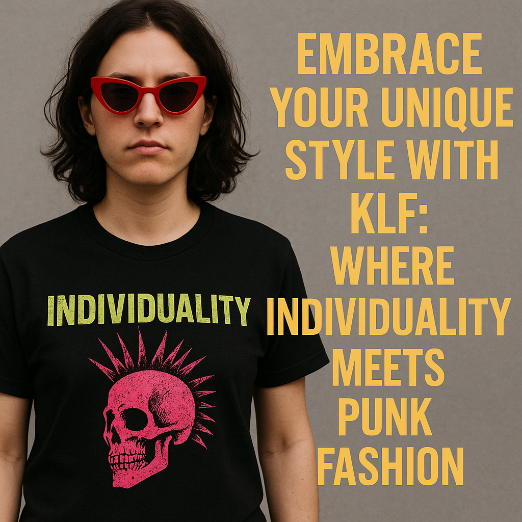 Young adult in red cat-eye sunglasses and 'INDIVIDUALITY' graphic tee, with neon skull, against a gray backdrop. Text reads, 'EMBRACE YOUR UNIQUE STYLE WITH KLF.'