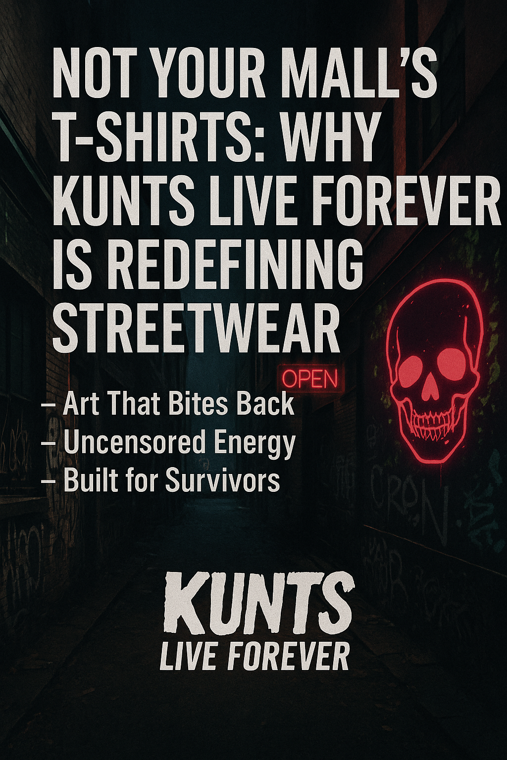 Neon-lit alley with graffiti, glowing skull, and bold text promoting Kunts Live Forever streetwear.