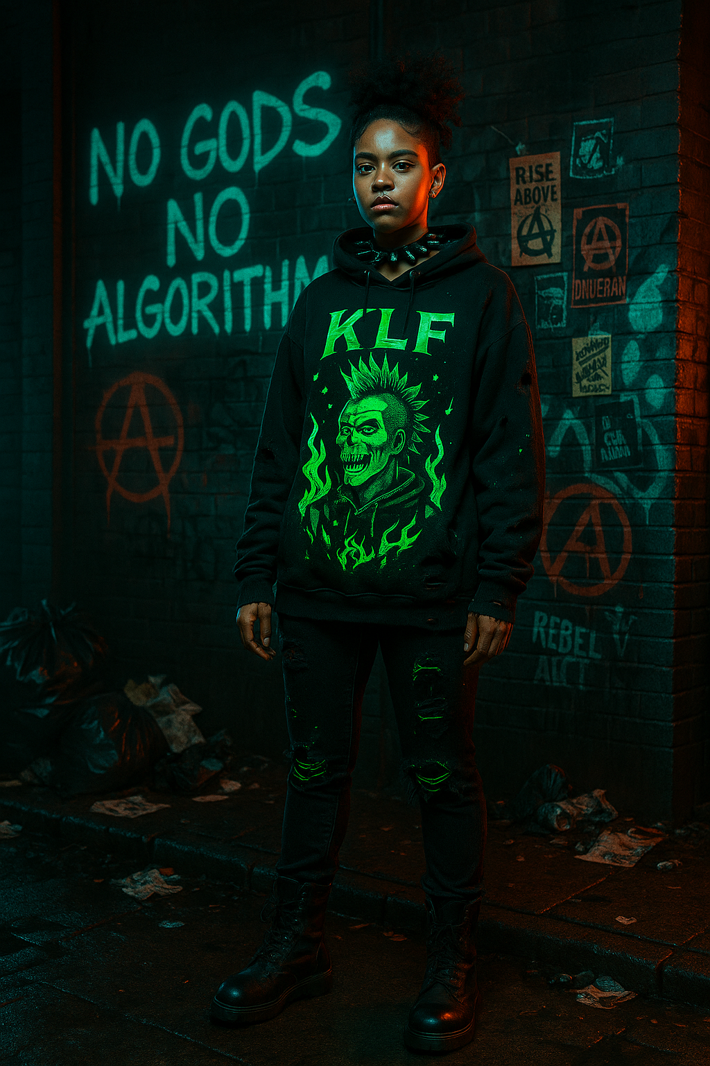 Young woman in a black KLF hoodie with neon green punk graphics stands defiantly in a graffiti-covered alley at night, next to the spray-painted message “NO GODS NO ALGORITHMS.”