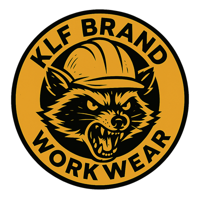 “KLF Brand Workwear logo featuring a fierce raccoon in a hard hat, snarling with attitude. The design is circular with bold black text on gold: ‘KLF Brand’ across the top and ‘Workwear’ across the bottom. Industrial, punk, and ready to clock in.”