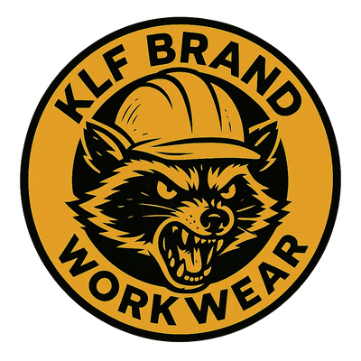“Angry raccoon wearing a hard hat inside a circular KLF Brand Workwear logo — representing punk-inspired workwear, alternative clothing, and rugged KLF streetwear.”