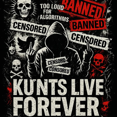 “Hooded figure with censored bars, red BANNED stamps, skulls, and grunge graphics representing KLF’s rebellious punk streetwear.”