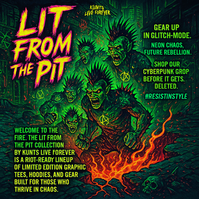 "Neon green punk mutants with mohawks rise from a fiery pit in a post-apocalyptic city, promoting Kunts Live Forever's 'Lit From The Pit' collection with bold graffiti-style text and cyberpunk slogans in vibrant pink and green."