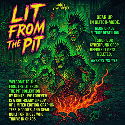 “Neon green punk creatures rising from flames in a chaotic street scene for the Lit From The Pit limited edition KLF collection.”