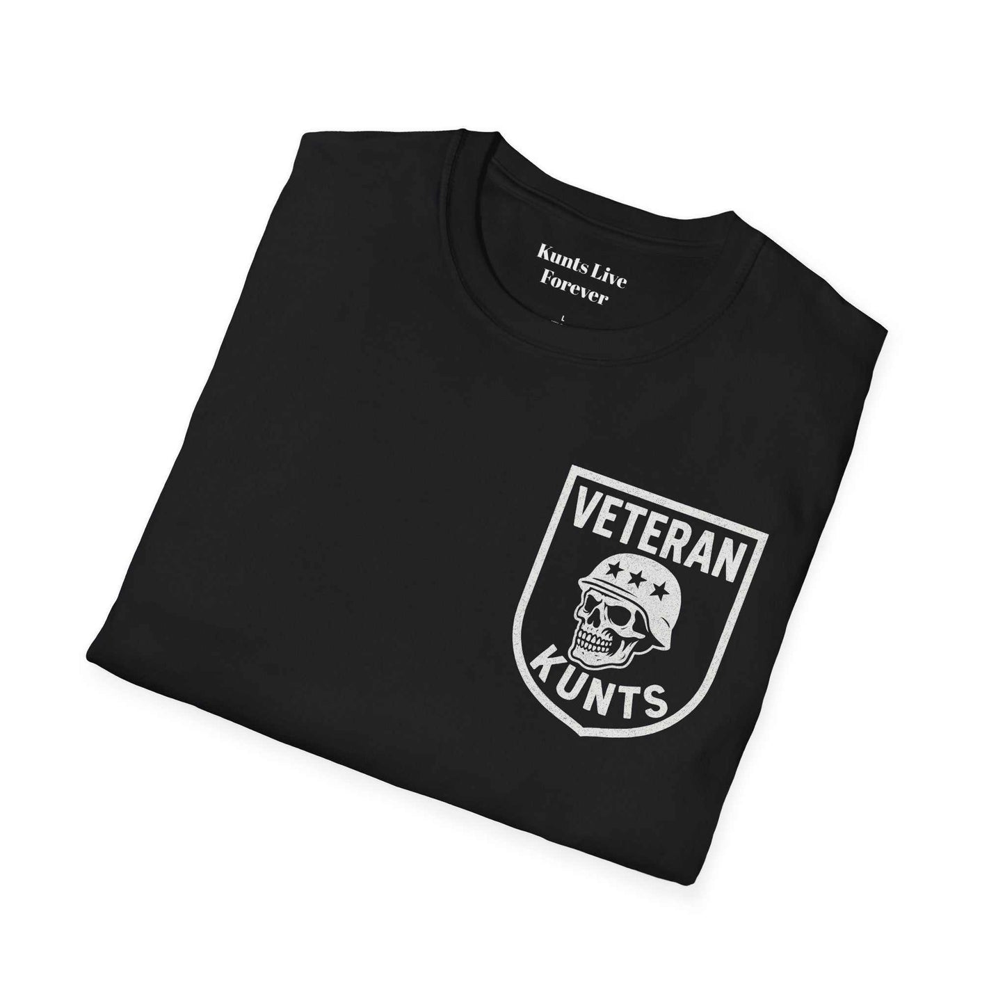 Black KLF "Veteran KUNTS Whiskey Tango Foxtrot" tee with skull emblem and glow-in-the-dark print, unisex streetwear design