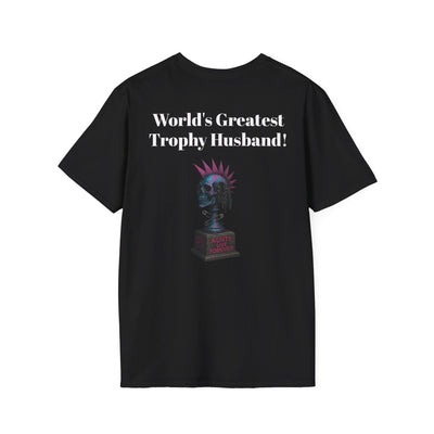 Black rebellious punk streetwear tee with "World's Greatest Trophy Husband!" text and punk skull trophy graphic