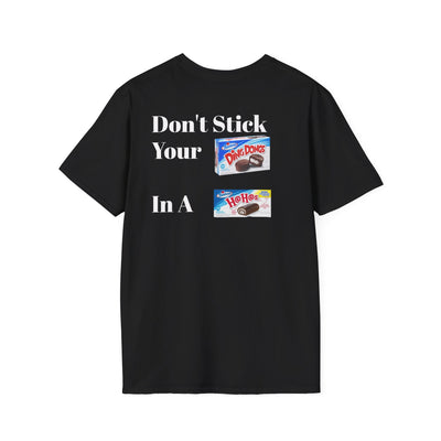 Black punk streetwear tee with "Don't Stick Your Ding Dongs In A Ho Hos" printed design, made from soft heavyweight cotton.