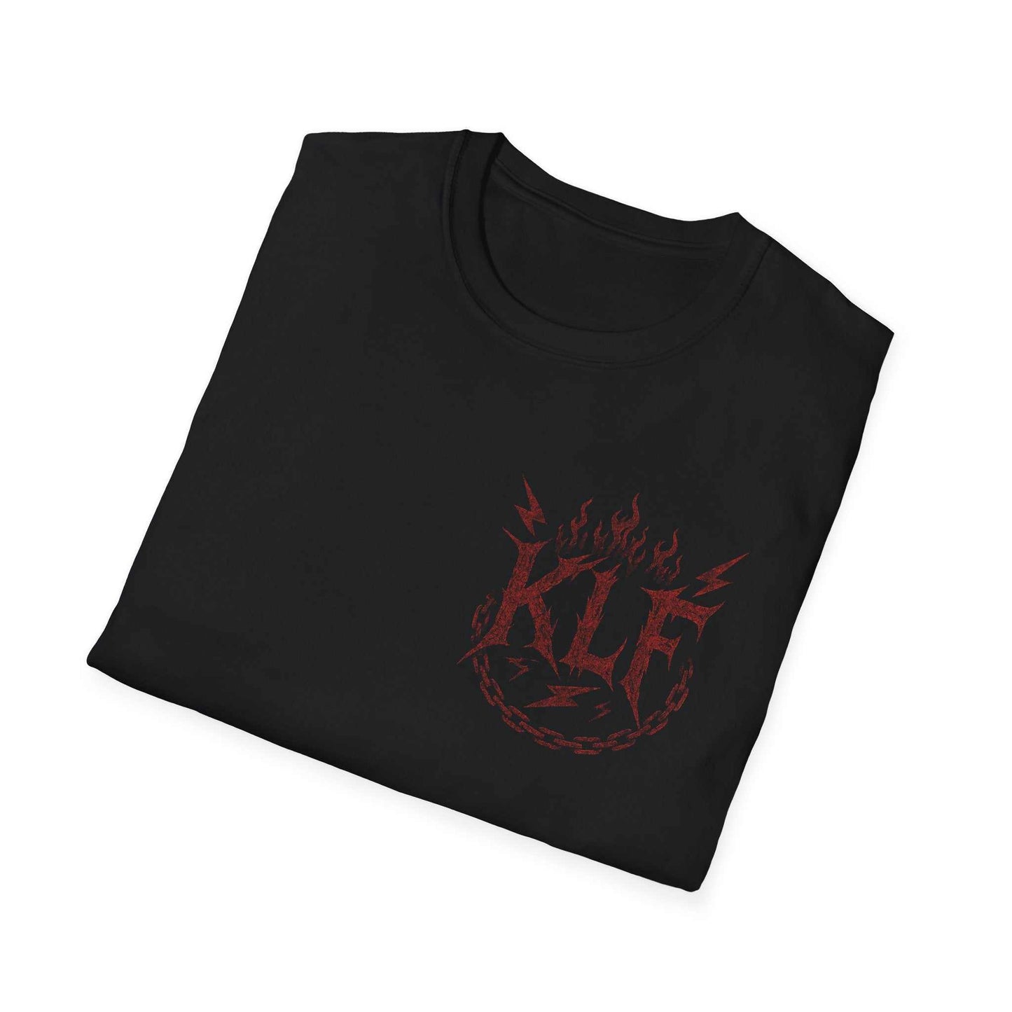 Black KLF "Fill Her With Cream" Twinkie tee with red flame and chain graphic, unisex streetwear shirt