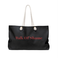 Black KLF Walk Of Shame weekender bag with white rope handles and red text logo
