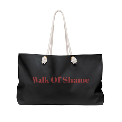 Black KLF Walk Of Shame weekender bag with white rope handles and red text logo
