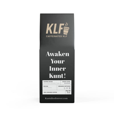 Black Pirate Brew Blend coffee bag with bold white text and branding, dark roast, 12 oz packaging from Kunts Live Forever