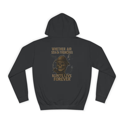 Black veteran hoodie with "Whether Air Sea or Trenches" skull graphic and "Kunts Live Forever" text in punk streetwear style