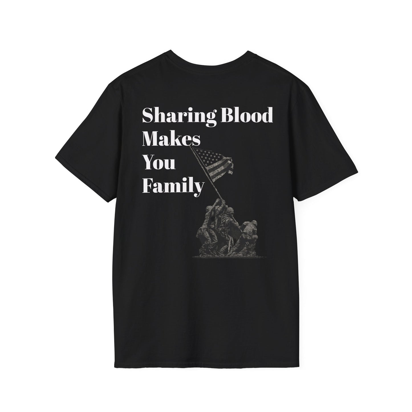 Black punk streetwear tee with "Sharing Blood Makes You Family" text and veterans raising American flag graphic