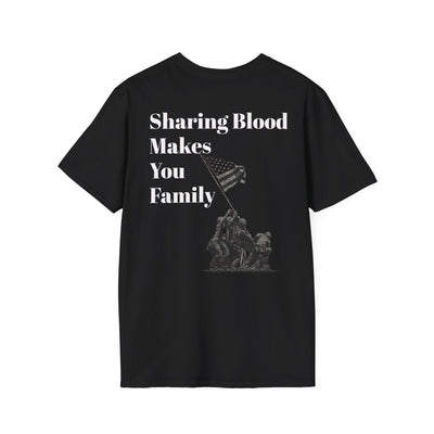 Black punk streetwear tee with "Sharing Blood Makes You Family" text and veterans raising American flag graphic