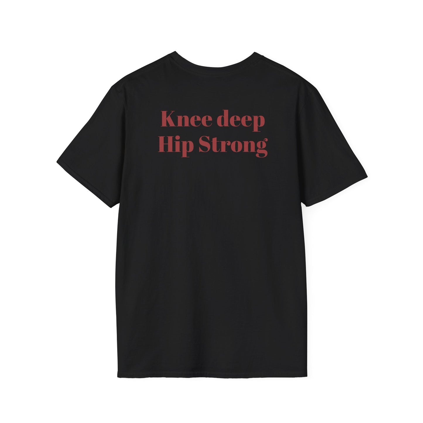 Black KLF Knee Deep Hip Strong Tee with bold red text on back, punk streetwear style, heavyweight cotton