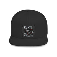 Black KUNTS Flat Bill Snapback Hat with embroidered punk-style snarling wolf and "KUNTS Live Forever" text