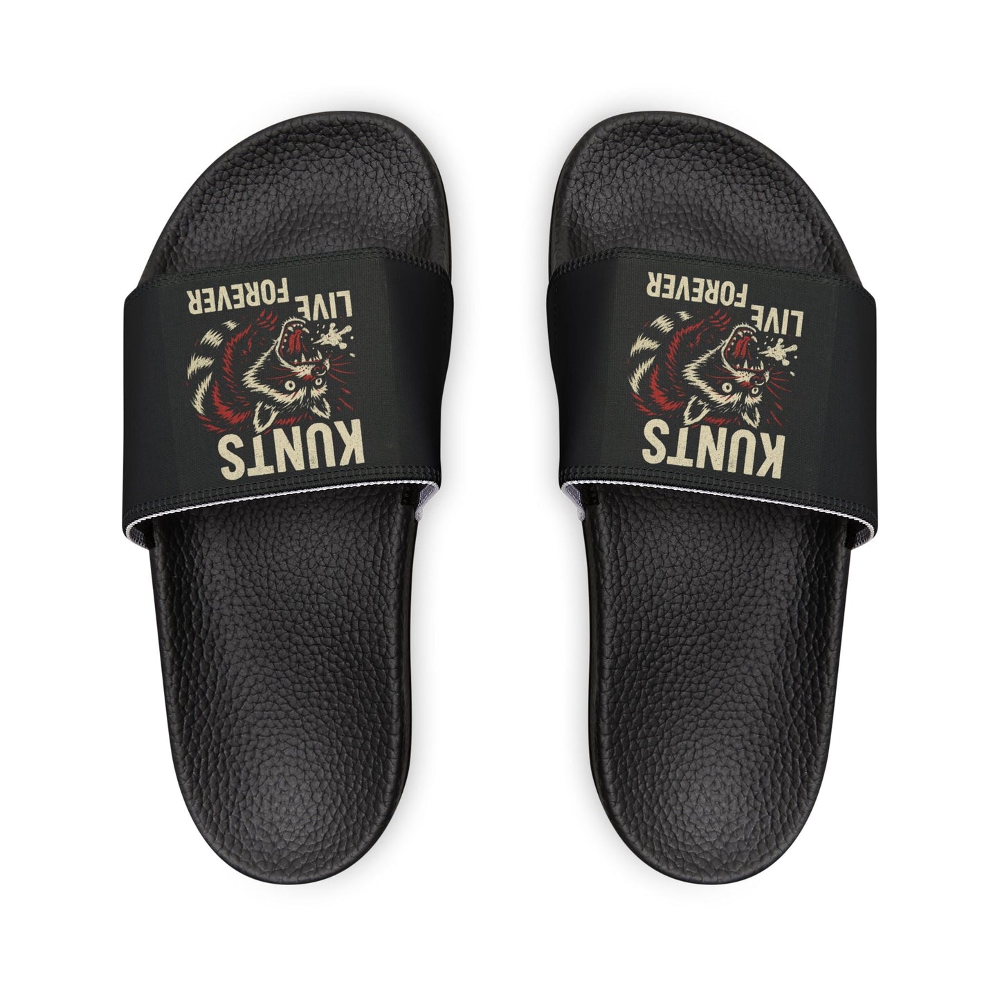 Black textured slide sandals with adjustable straps featuring a rebellious raccoon graphic and "Kunts Live Forever" text