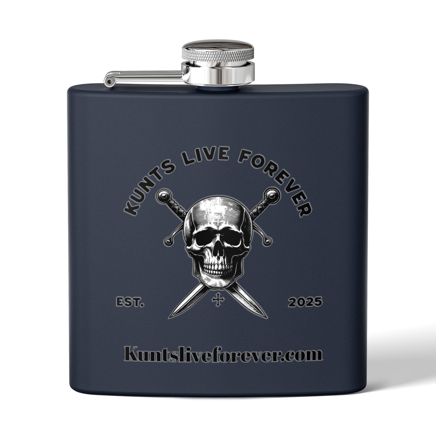 6oz stainless steel Cool Skull Flask with Kunts Live Forever engraving and crossed swords design