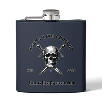 6oz stainless steel Cool Skull Flask with Kunts Live Forever engraving and crossed swords design