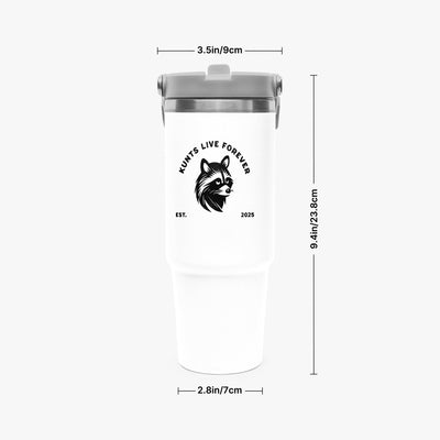 White 30oz Flip Straw Coffee Tumbler with gray lid and black "Kunts Live Forever" raccoon logo, 9.4 inches tall.