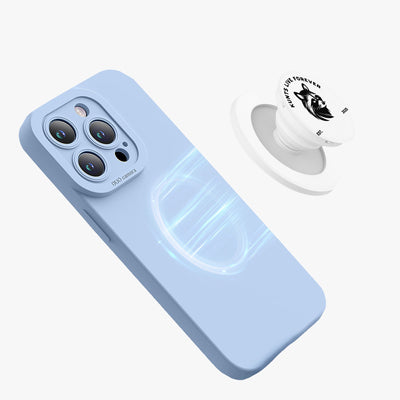 Light blue smartphone case with a magnetic collapsible grip and stand featuring a black wolf logo and "Kunts Live Forever" text.