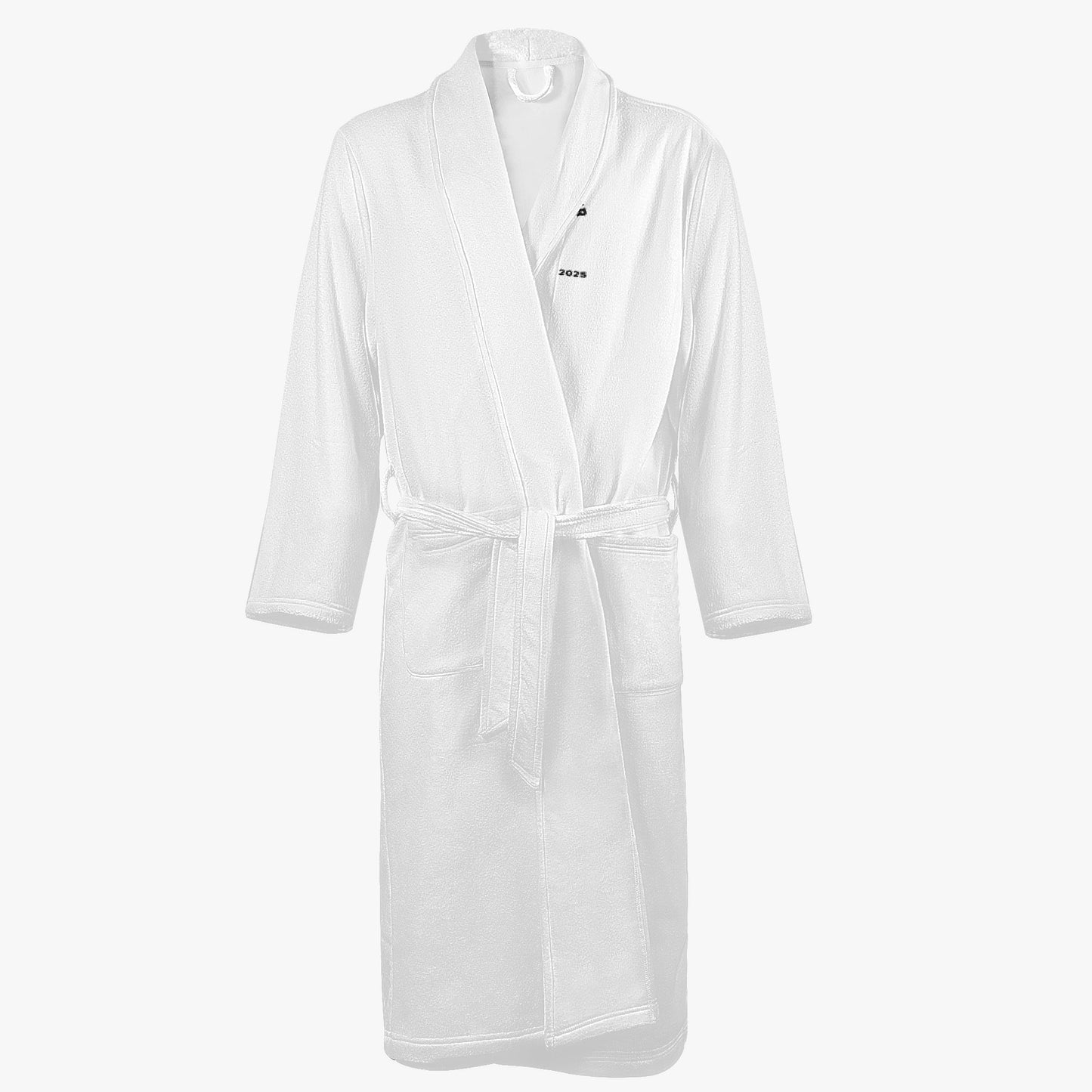 White men's loose-fitting bathrobe with shawl collar and belt, featuring front pockets.