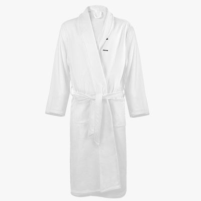 White men's loose-fitting bathrobe with shawl collar and belt, featuring front pockets.