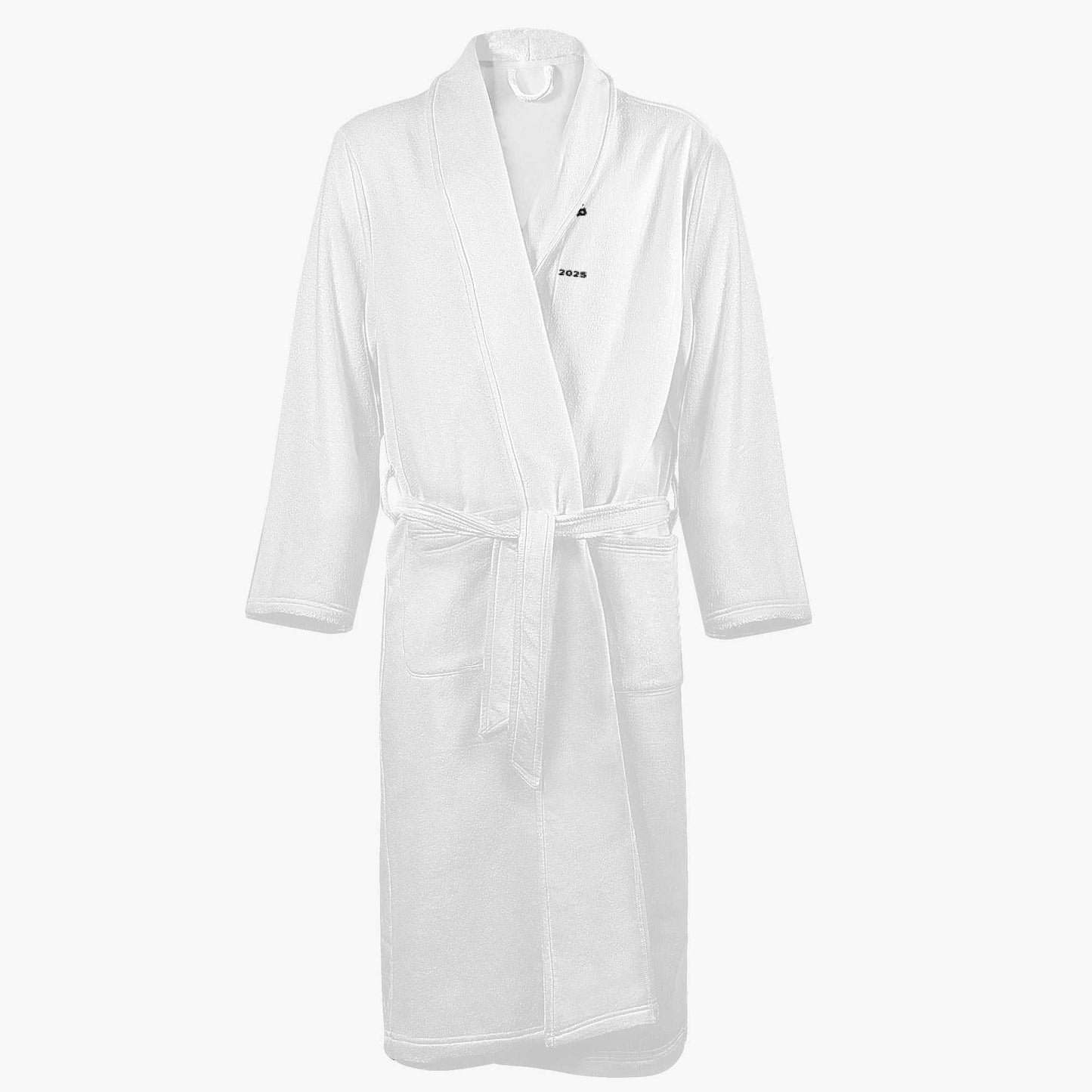 White men's loose-fitting bathrobe with shawl collar and belt, featuring front pockets.