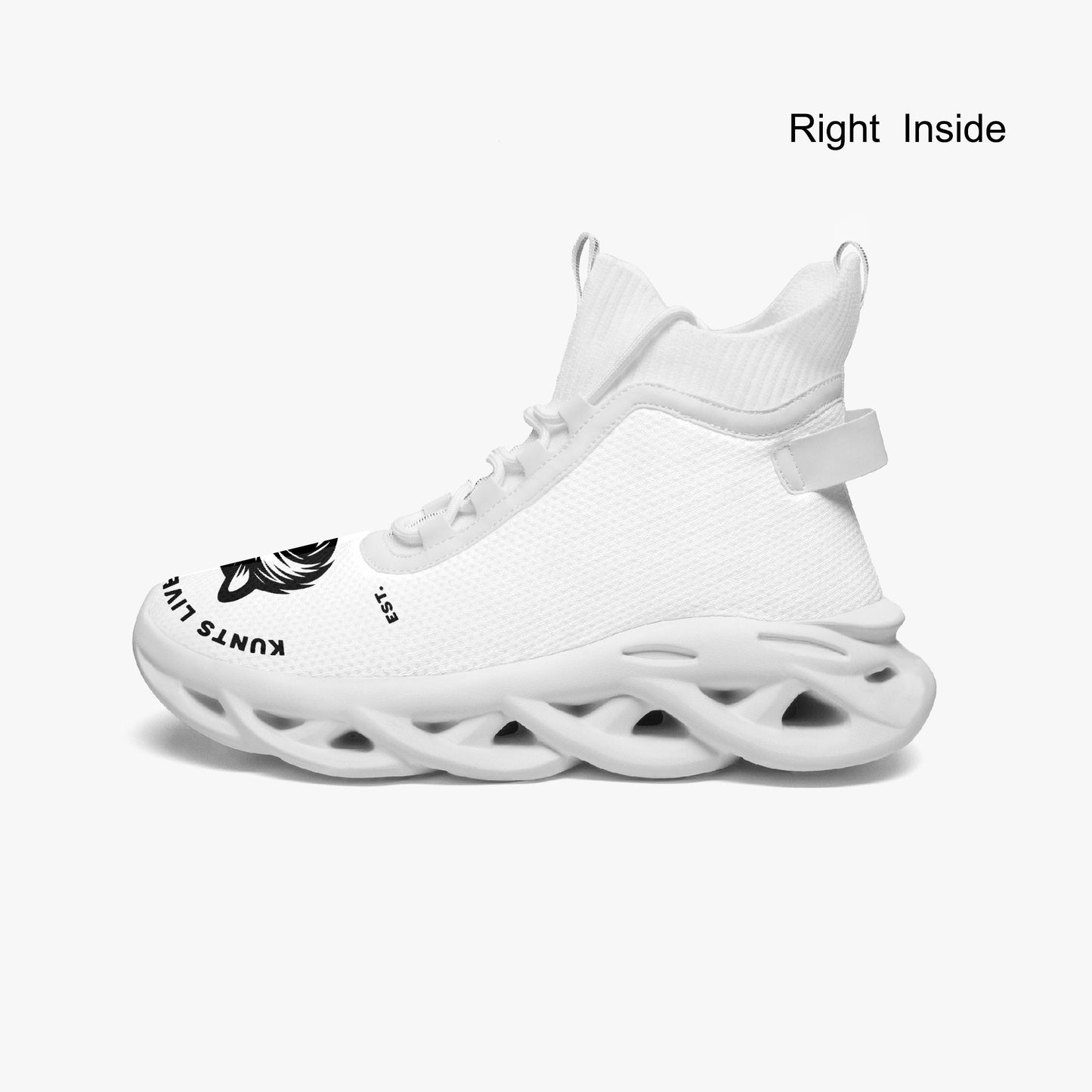 White high-top Bounce Mesh Knit sneaker with intricate sole design and branded text detail