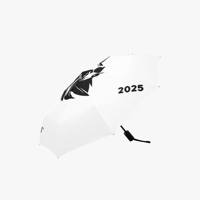 White Automatic Coon Folding Umbrella with black graphic design and "2025" text, compact and automatic opening mechanism