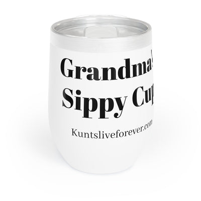 White Grandma's Sippy Cup insulated wine tumbler with black bold text and clear lid