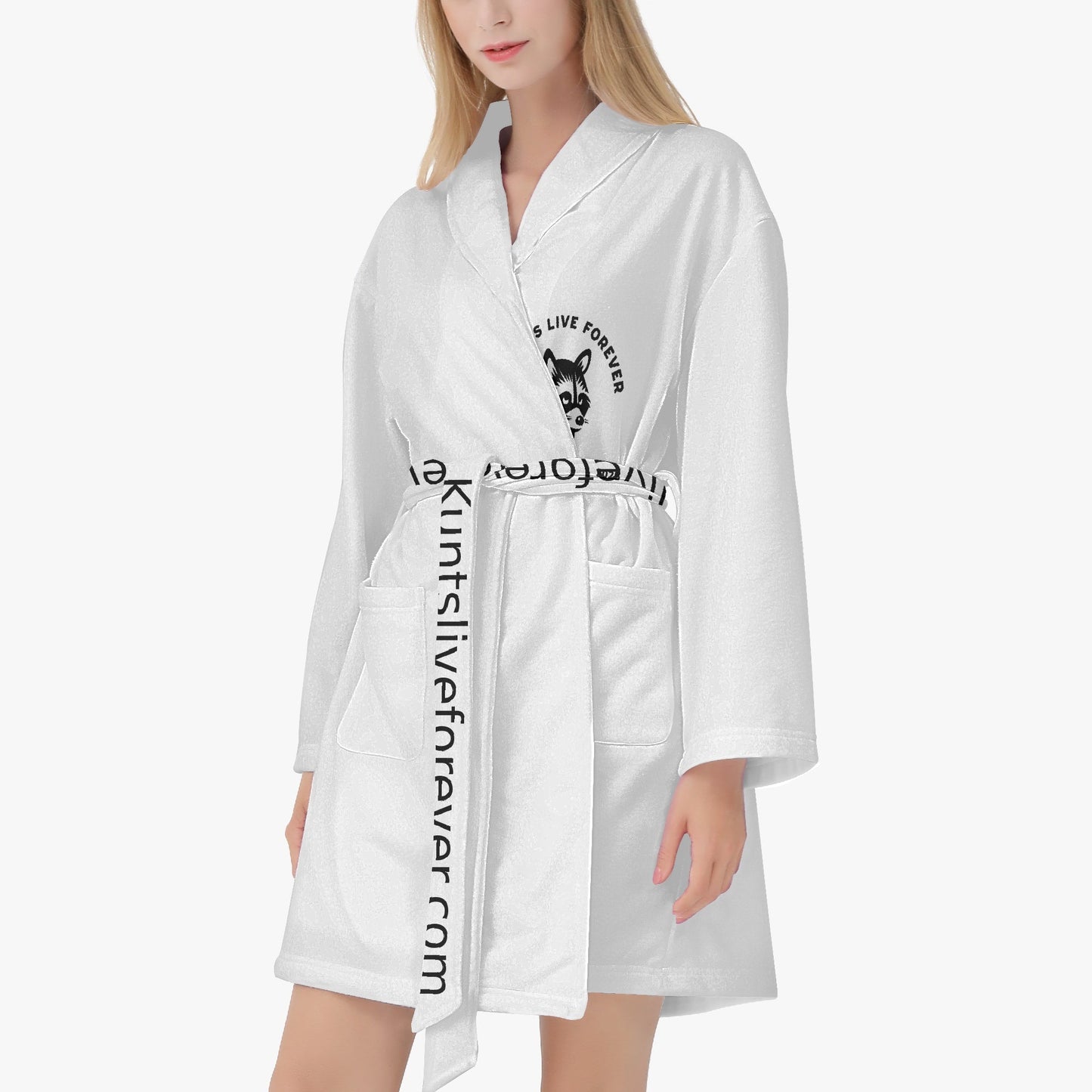 Women's loose-fitting white bathrobe with front pockets and branded belt, made of soft heavyweight cotton.
