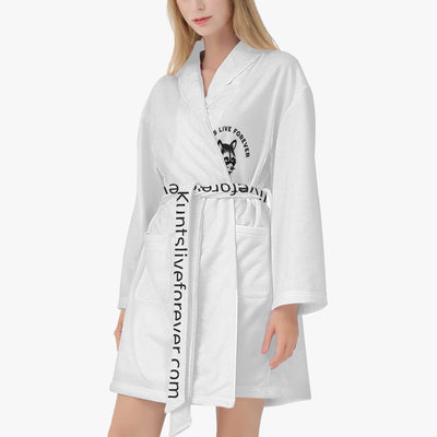 Women's loose-fitting white bathrobe with front pockets and branded belt, made of soft heavyweight cotton.