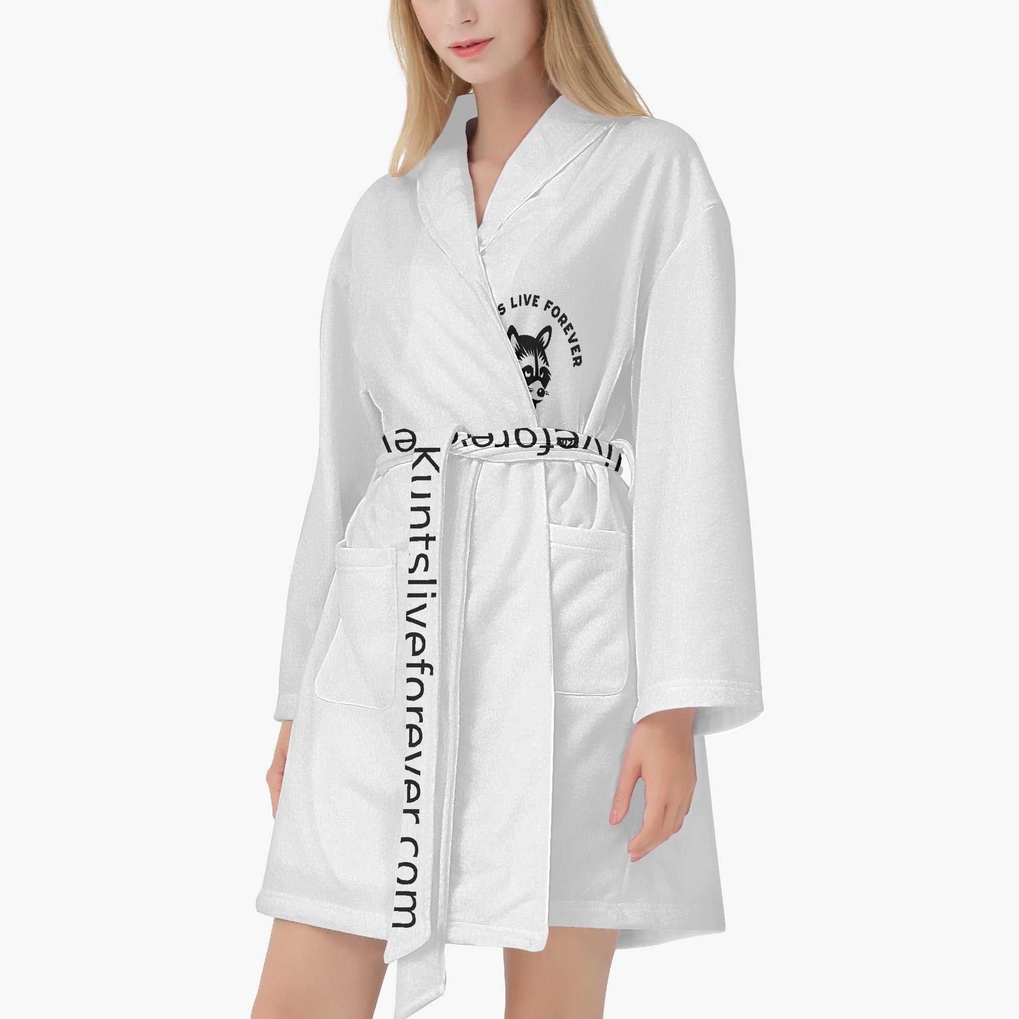 Women's loose-fitting white bathrobe with front pockets and branded belt, made of soft heavyweight cotton.