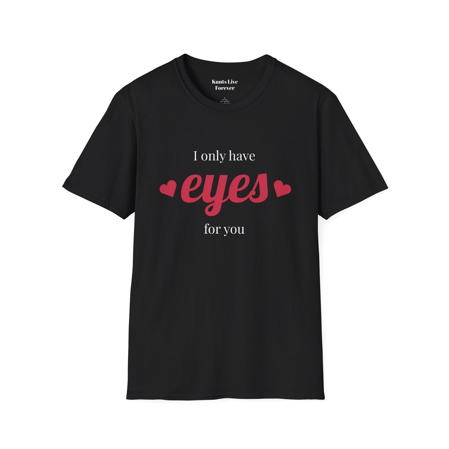 Black rebellious punk graphic tee with "I Only Have Eyes for You" text and red heart accents