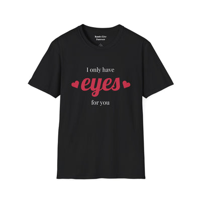 Black rebellious punk graphic tee with "I Only Have Eyes for You" text and red heart accents