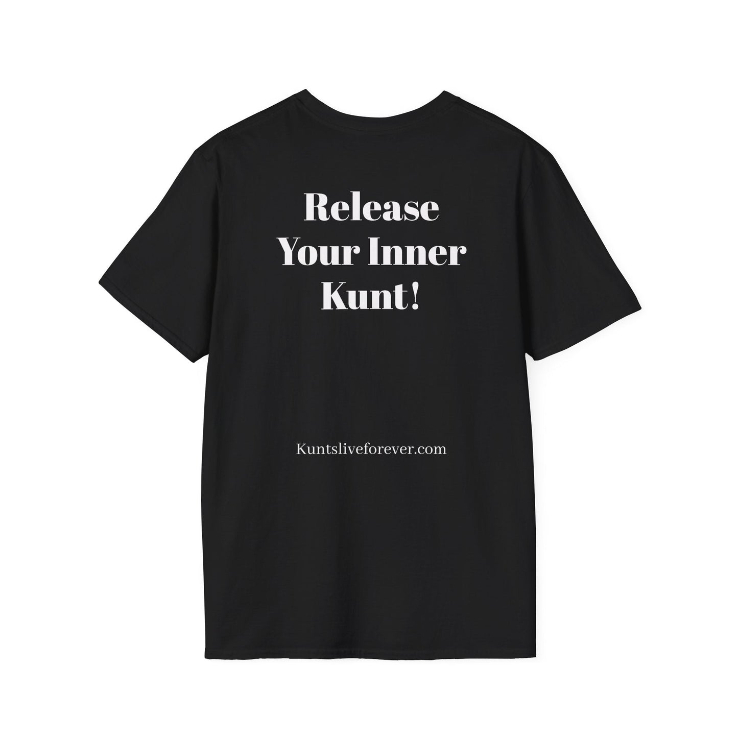 Black punk streetwear t-shirt with white "Release Your Inner Kunt!" text graphic printed on the back