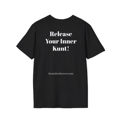 Black punk streetwear t-shirt with white "Release Your Inner Kunt!" text graphic printed on the back
