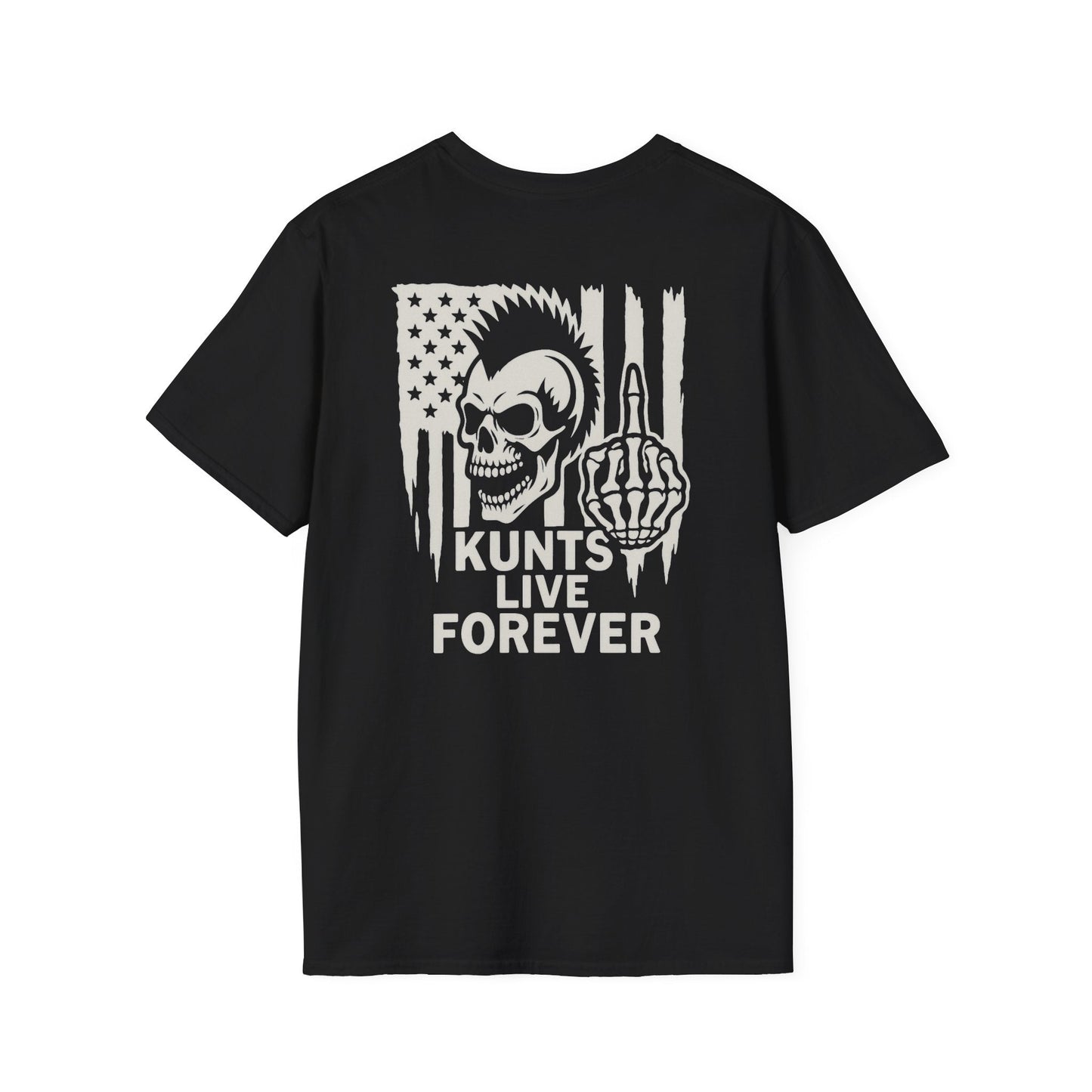 Black punk streetwear tee with skull mohawk, middle finger graphic, and "KUNTS LIVE FOREVER" text.