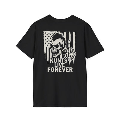 Black punk streetwear tee with skull mohawk, middle finger graphic, and "KUNTS LIVE FOREVER" text.