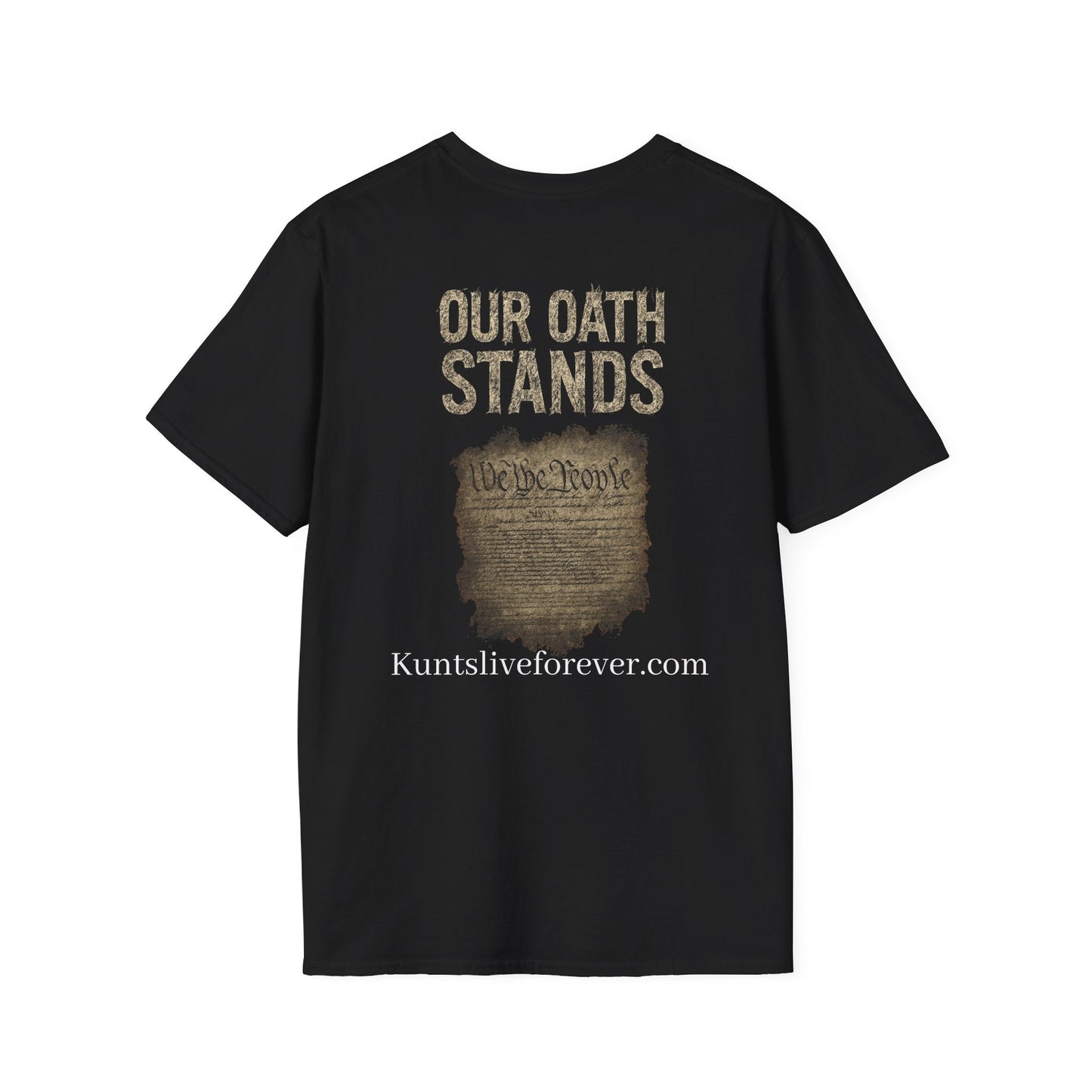Black Oath Stands Veteran Tee with punk-inspired rebellious slogan and vintage document print